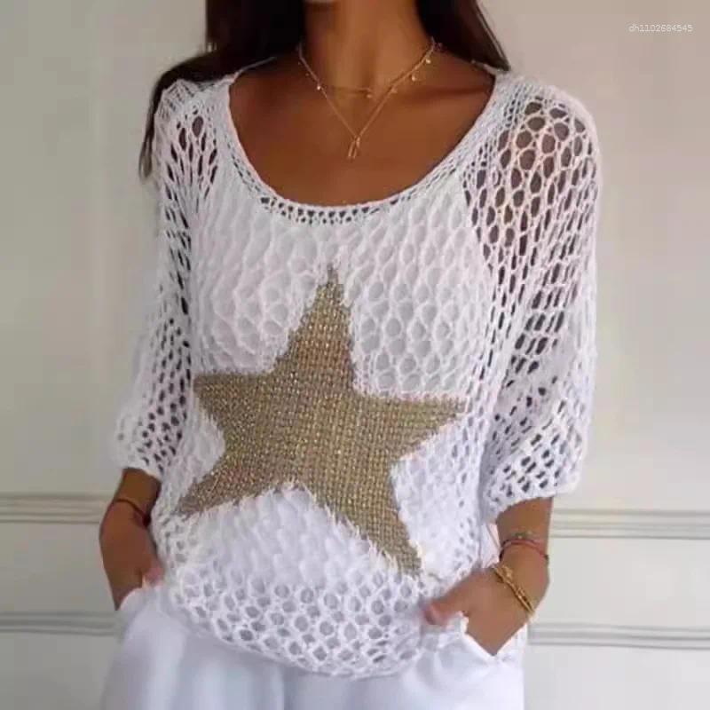 Women's Sweaters Casual Hoodie 2025 Summer Product Solid Color Pentagram O-Neck Hollow Knitted Shirt Seven Sleeve Loose Top