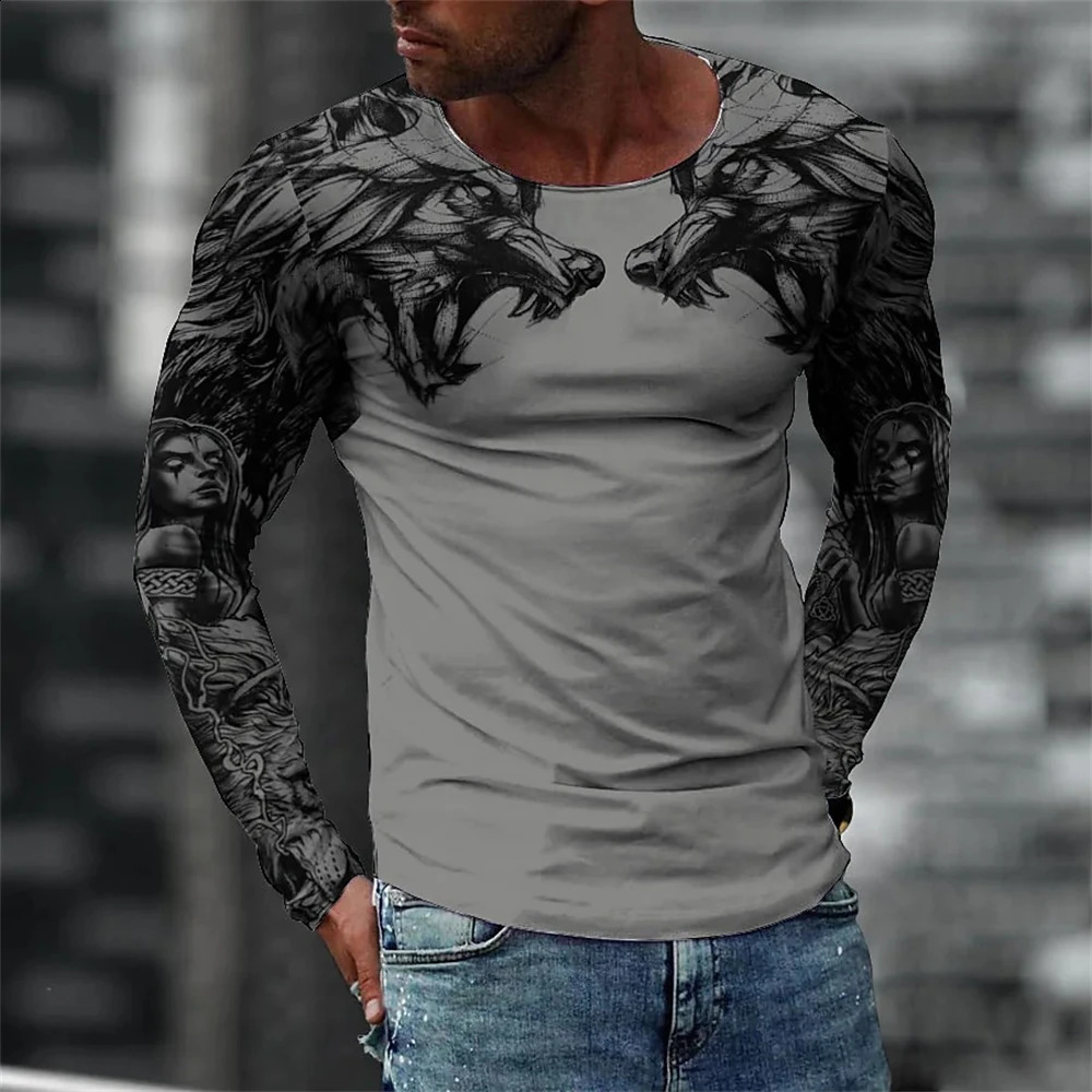 Men T Shirt 3d Wolf Print O Neck Long Sleeve Tops Oversized Vintage Clothes Male Gothic Hip Hop Street Man T-shirts 250811
