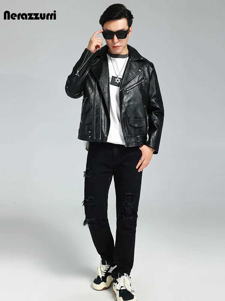 Nerazzurri Autumn Cool Hard Short Black Pu Leather Moto Biker Jacket Men Zipper Plus Size European Fashion Clothes 3xl 4xl 5xl W250815