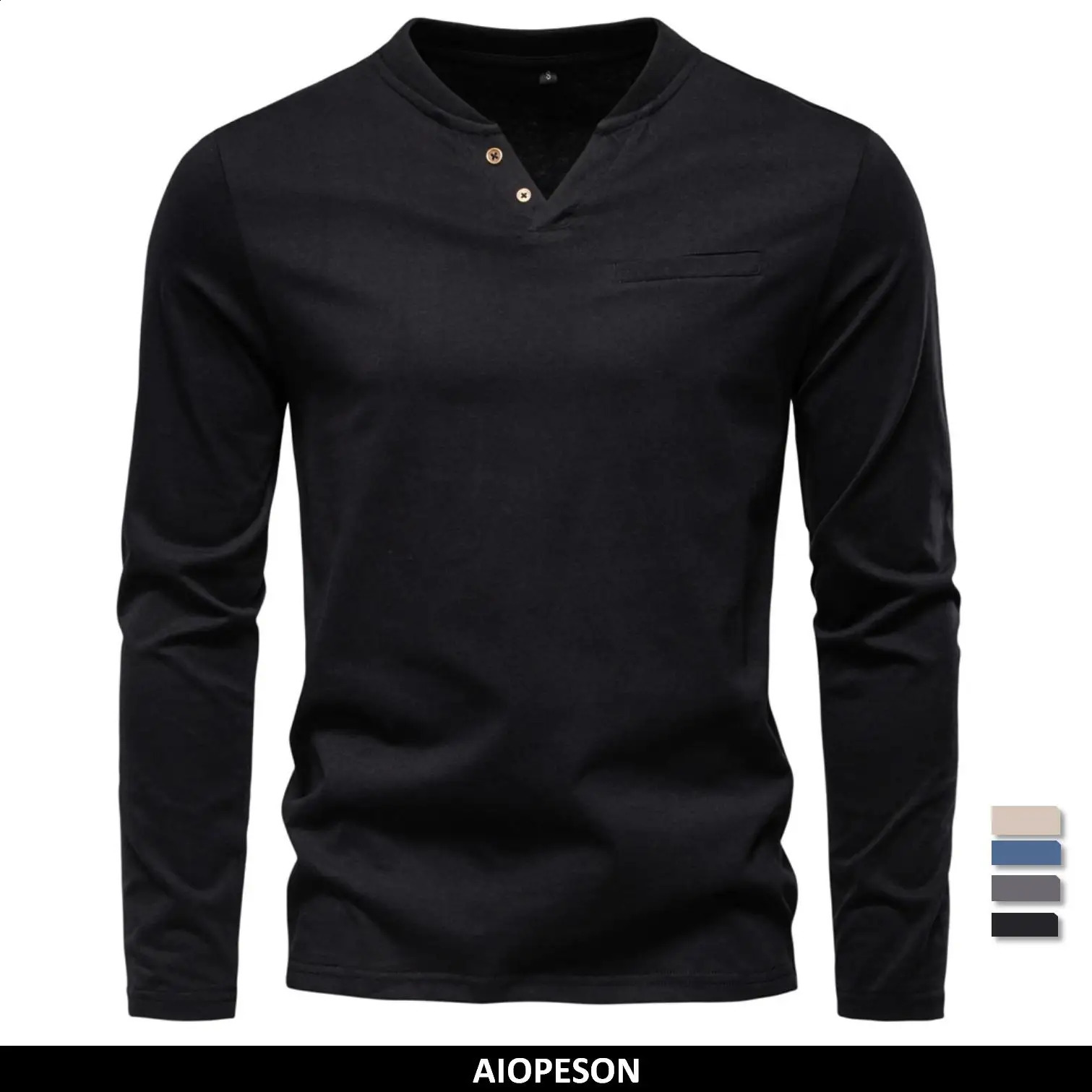 AIOPESON 100% Cotton Henley T Shirt Men Solid Color Long Sleeve with Fake Pocket Casual Autumn Comfortable T-shirts for Men 250811