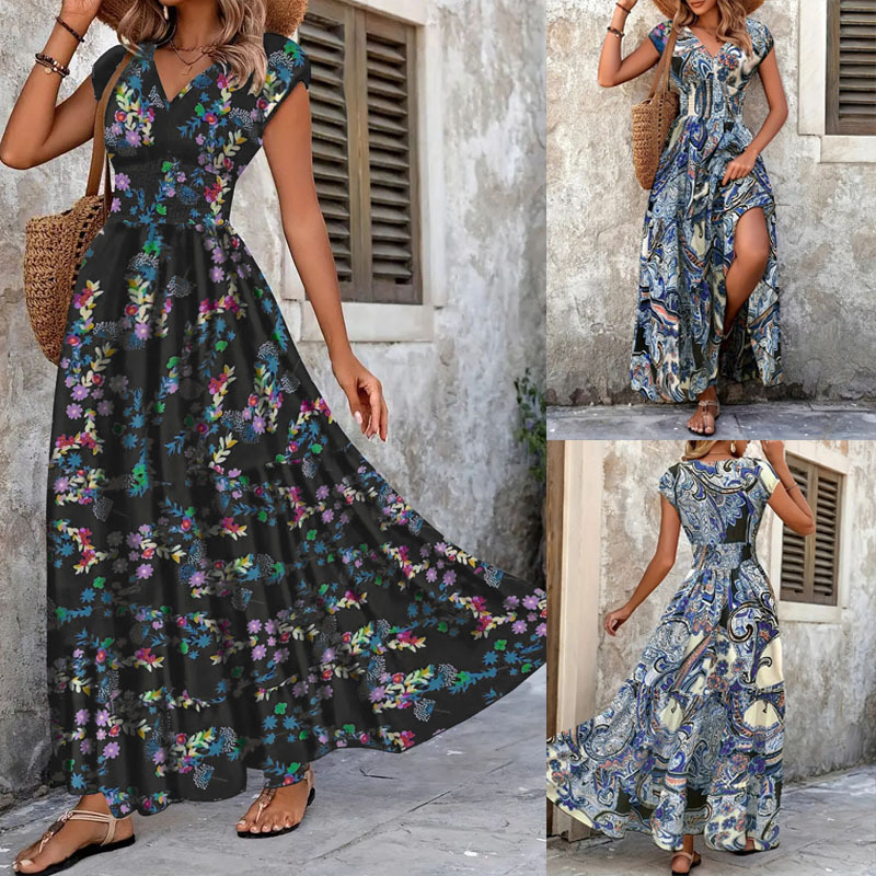 Paisley Print for Women Summer Plus Size V-Neck Short Sleeve Long Dress
