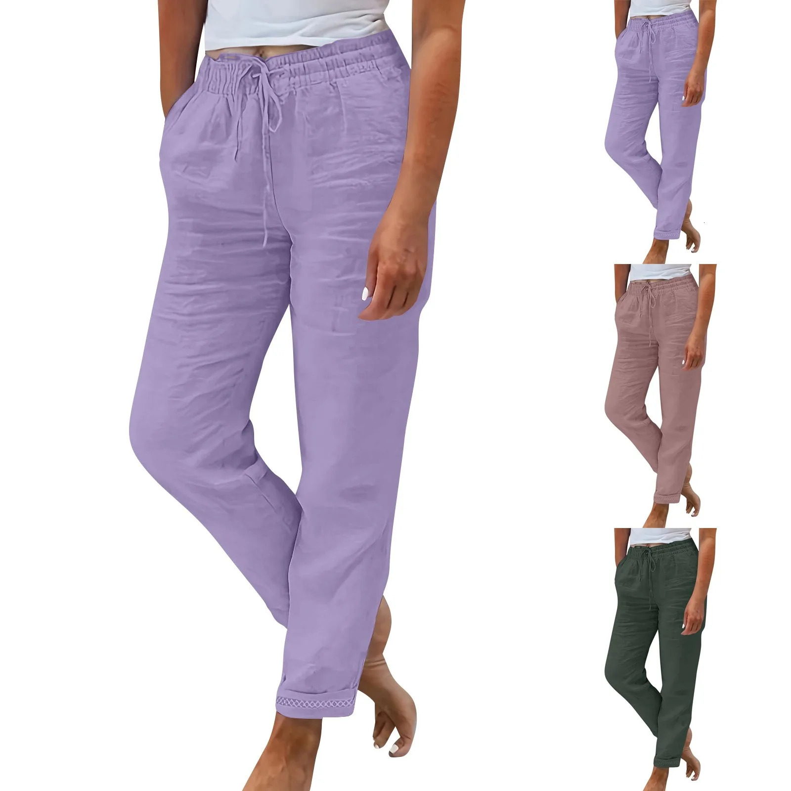 Womens Summer Elastic Waist Solid Color Cotton And Linen Wide Leg Loose Nine-point Pants for Women Women's Pants250813