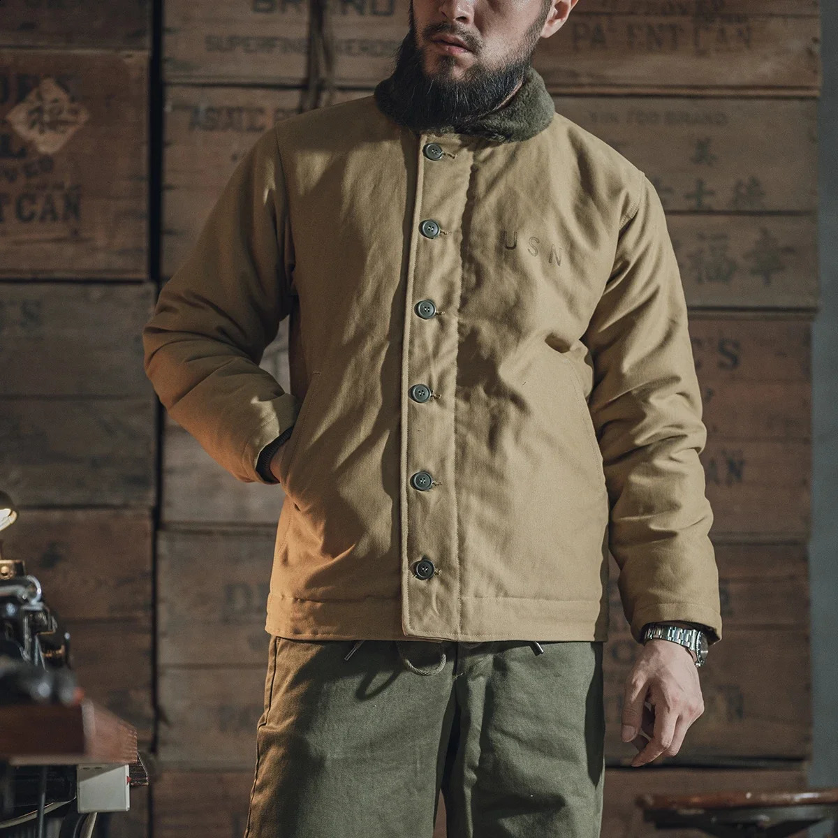 Bronson Type N1 USN Deck Jacket Amekaji Retro Military Style Men Wool Lined Coat 250814