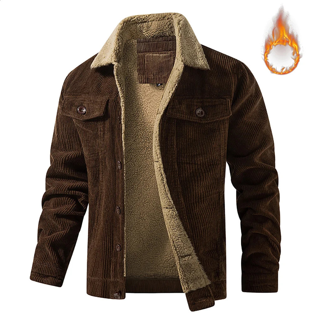 Mens Long Sleeve Sherpa Lined Fleece Cargo Jacket Army Militay Coats Corduroy Trucker TurnDown Collar Tops 250814