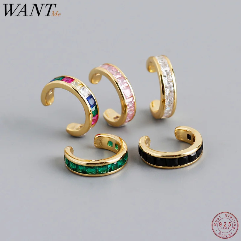 WANTME 925 Sterling Silver European Color Square Zircon 1 PCS Ear Clips Earrings for Women No Piercing Cuff Jewelry Accessories250812