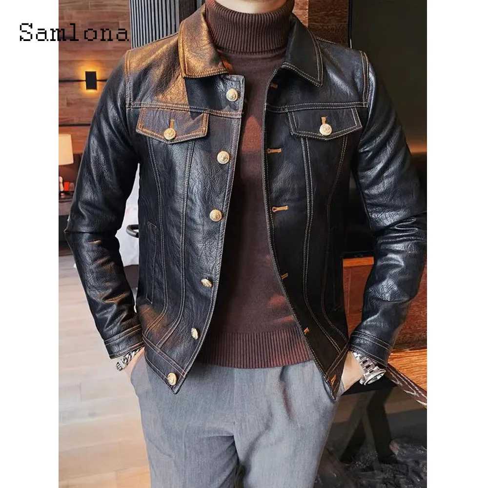 Mens PU Leather Jackets 2024 New Spring Lapel Collar Outerwear Black Soft Faux Leather Motorcycle Jacket Men Stand Pocket Coats W250815