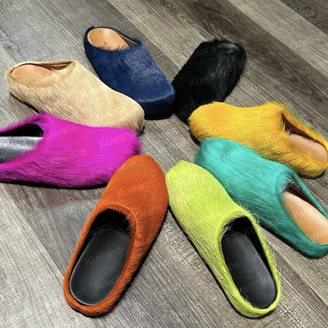 Designer Slides Clogs Long Hair calfskin Fussbett sabot Slippers Flat High Quality Fashion Summer Clog Genuine Leather Slide Beach Women Men Size