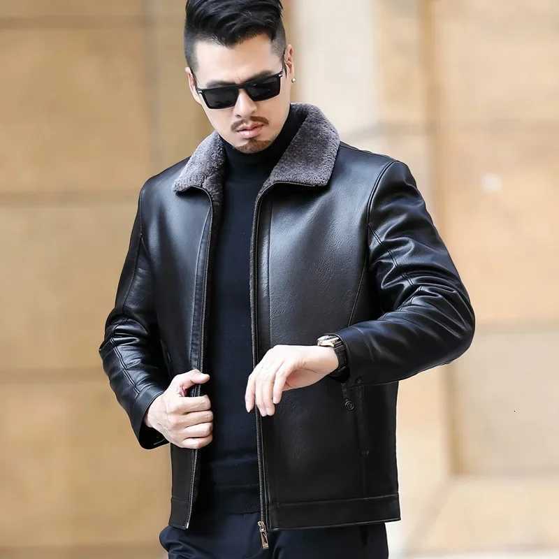 Mens fourrure une veste de moto épaissi décontractée veste en cuir de mode masculine plus cachemire mouton veste en cuir court tabac w250815