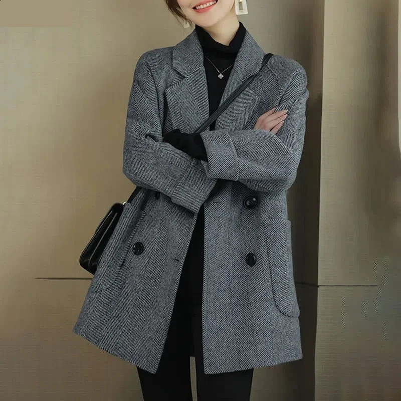 Femmes élégantes Mi-Longle Length Enterres de laine Bureau Lady Automne hiver coréen lâche lâche laine épaisse vestes de mélange de laine