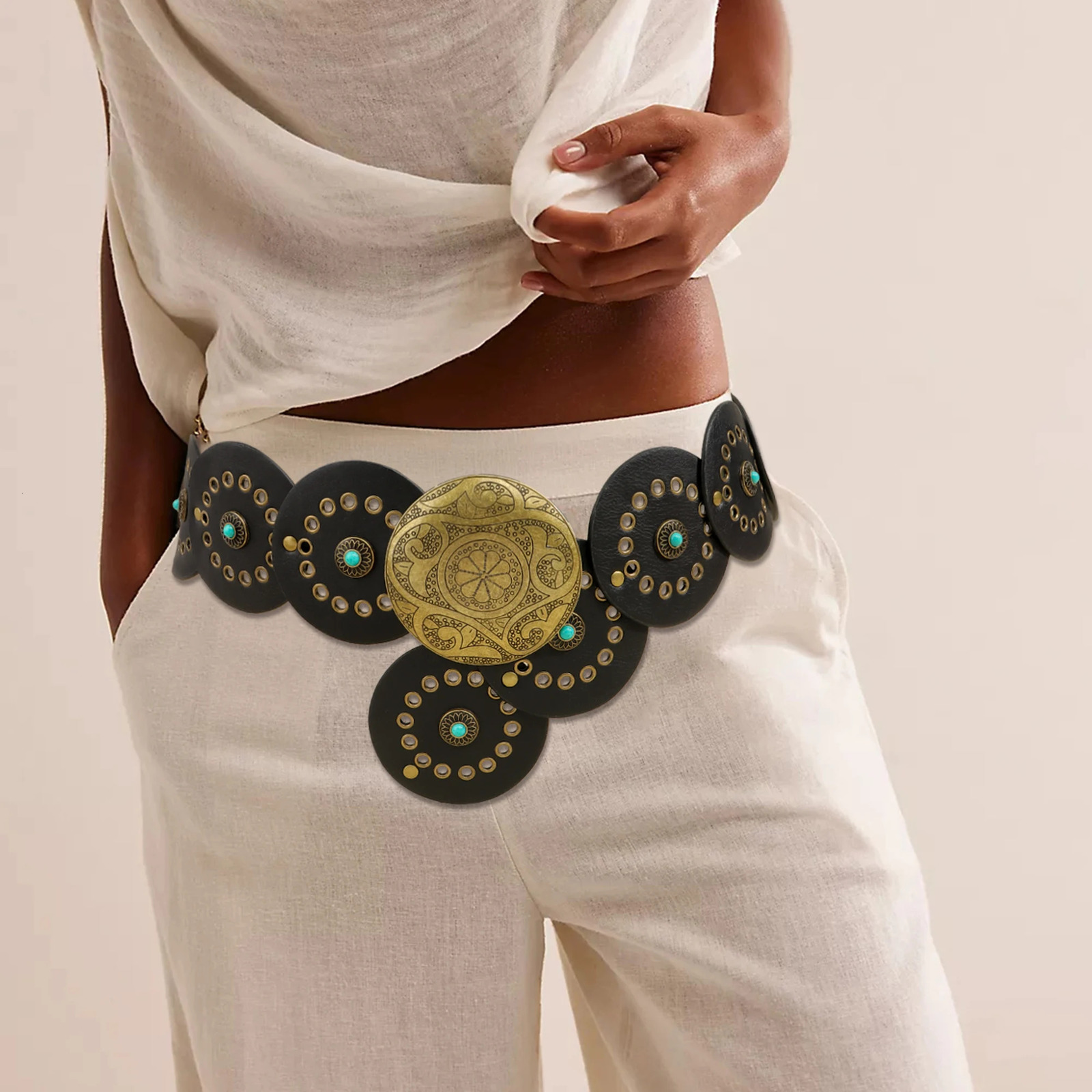 Vintage Western Boho Chic Belt Female Rivet Rivet Couvercle avec jupe robe Y2K CEINTURE large One Dress250812