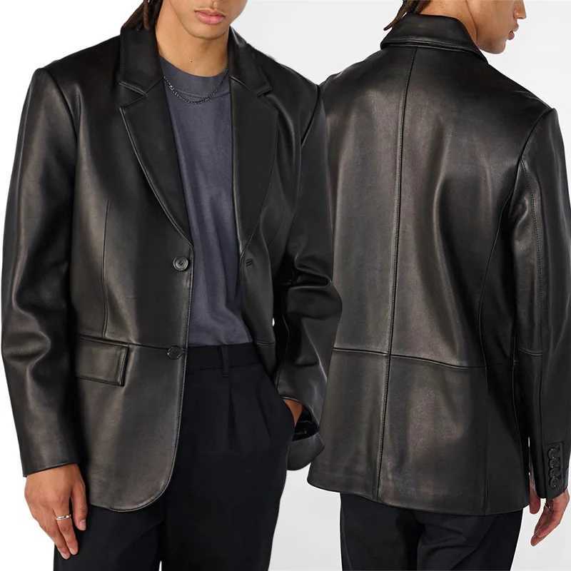 Veste de combinaison en cuir de mode American Style Noir Blazer Couleur continue Couleur de la veste en cuir minimaliste W250815
