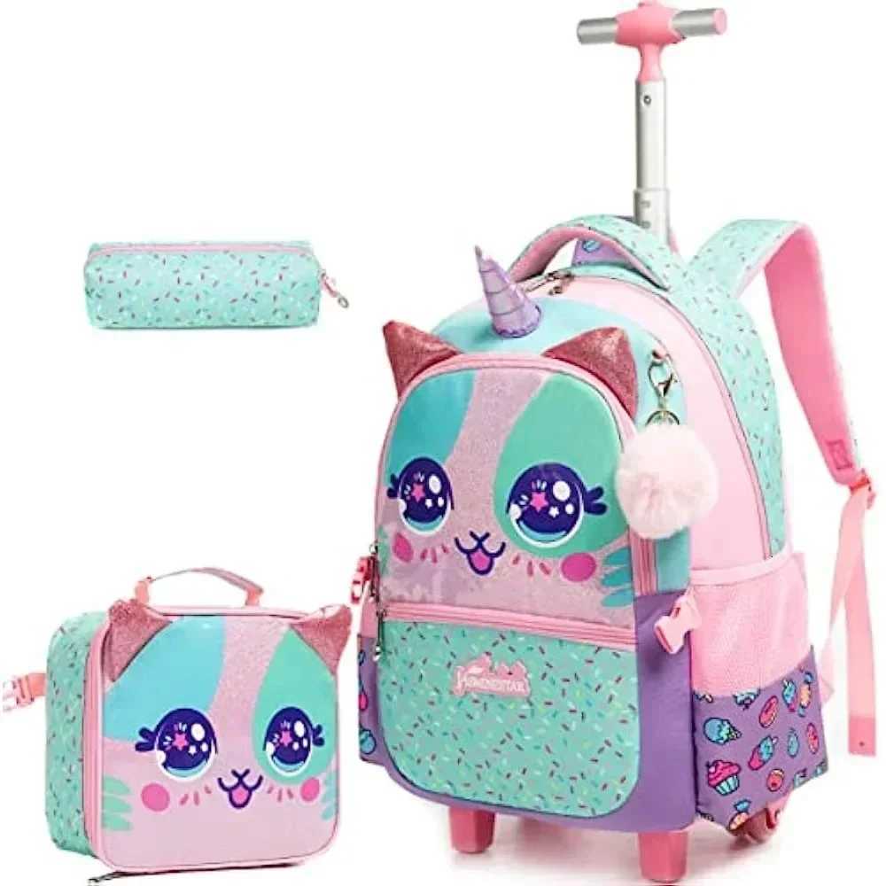 3pcs Backpack roulant mignon pour les sacs à dos pour filles avec roues pour les élèves du primaire enfants 3 en 1 bagage de voyage bagages à mai