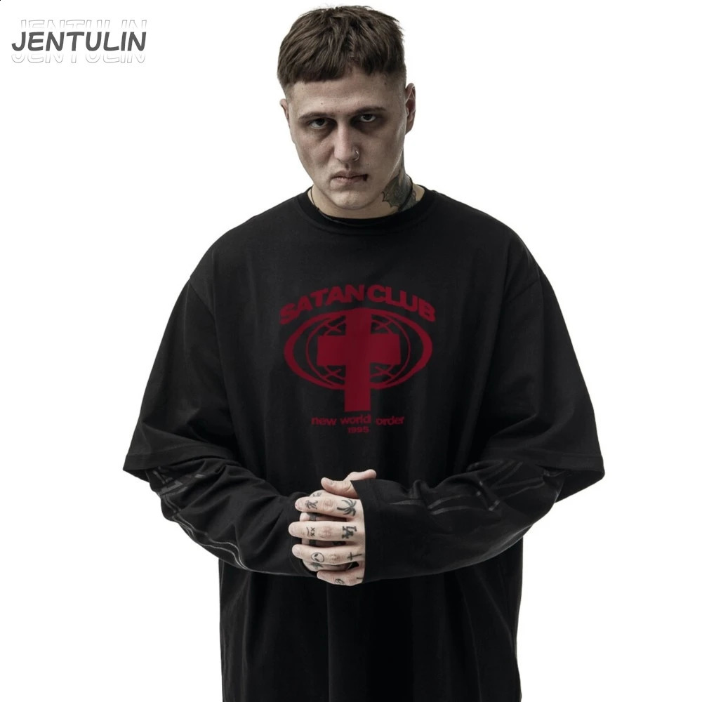 Harajuku Oversized Streetwear Mens Tshirt Satan Club Graphic Print Hip Hop Clothing Fake Two Pieces Long Sleeve Tops Gothic Y2k 250811