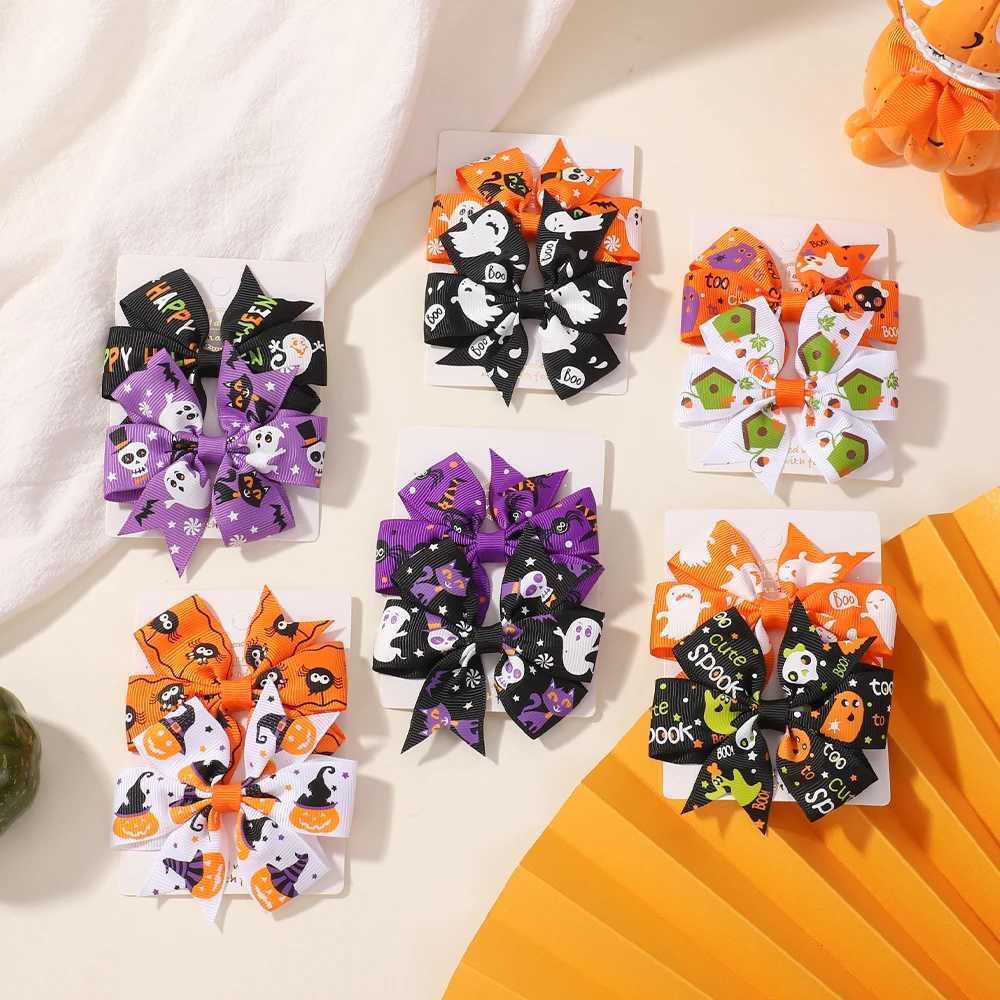 2PCS / Set Pumpkin Ghost Ghost Bows Clips de cheveux pour filles Baby Halloween Print Bowknot Hairpin Headwear Toddle Kids Accessoires de cheveux