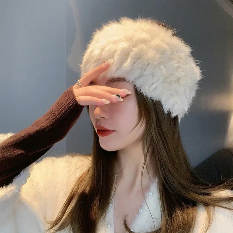 Autumn Winter Knitted Real Rabbit Fur Headband for Women Fluffy Elastic Hair Bands Ring for Ladies Hair Ties 250821