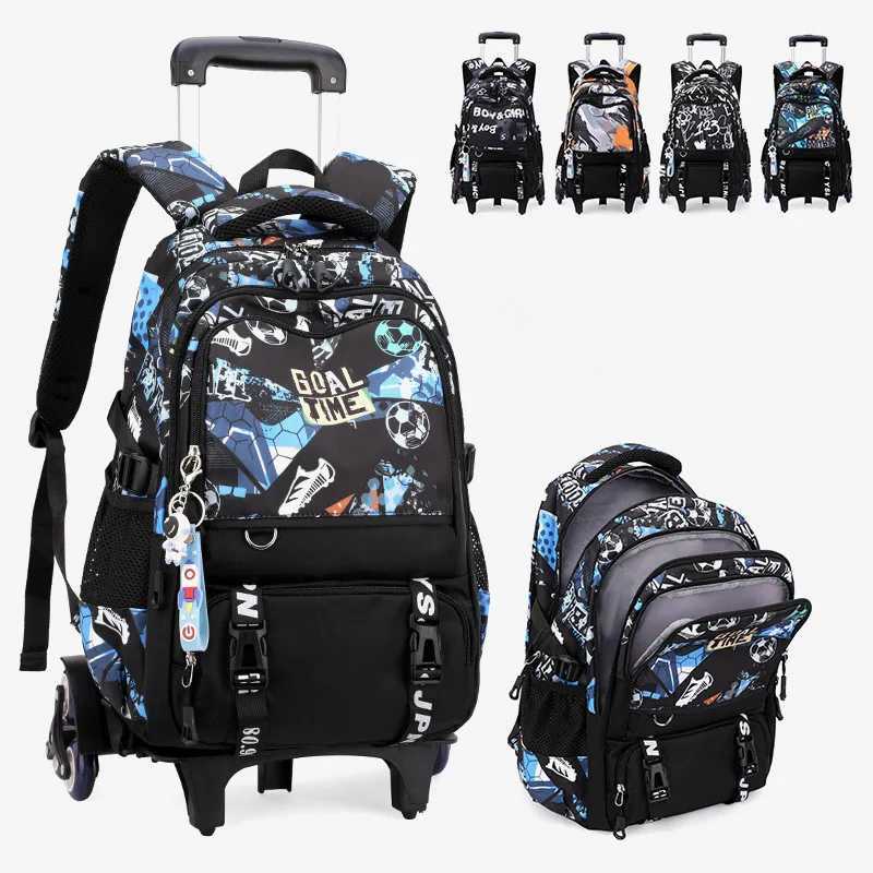 Football Print High-Capacity 2/6 Wheels Waterproof Luggage Rolling Bag Student Backpack Detachable Children Wheeled School Bags X250815