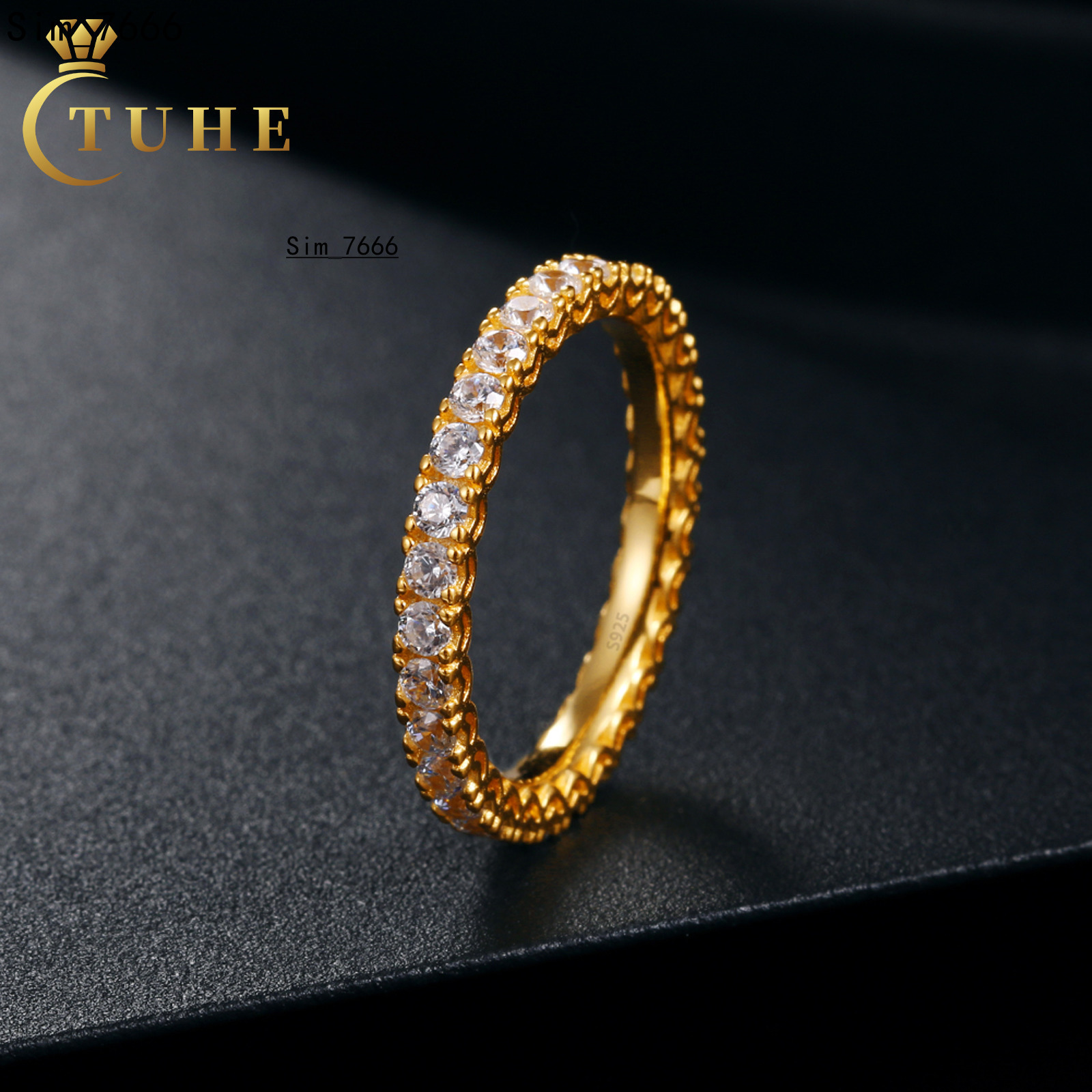 Elegant Party Jewelry Gold Plated Iced Out Cubic 5A Moissaniteia 925 Sterling Silver Bling Eternity Ring