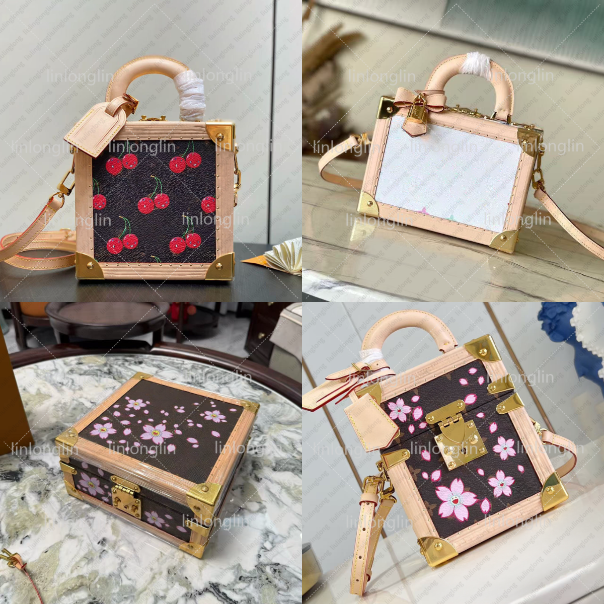 Top de qualité Murakami Square Trunk Cherry Cosmetic Corners Metallic Hard Case Mini Tote Hands Sac à main Lady CowHide en cuir en cuir Handle de