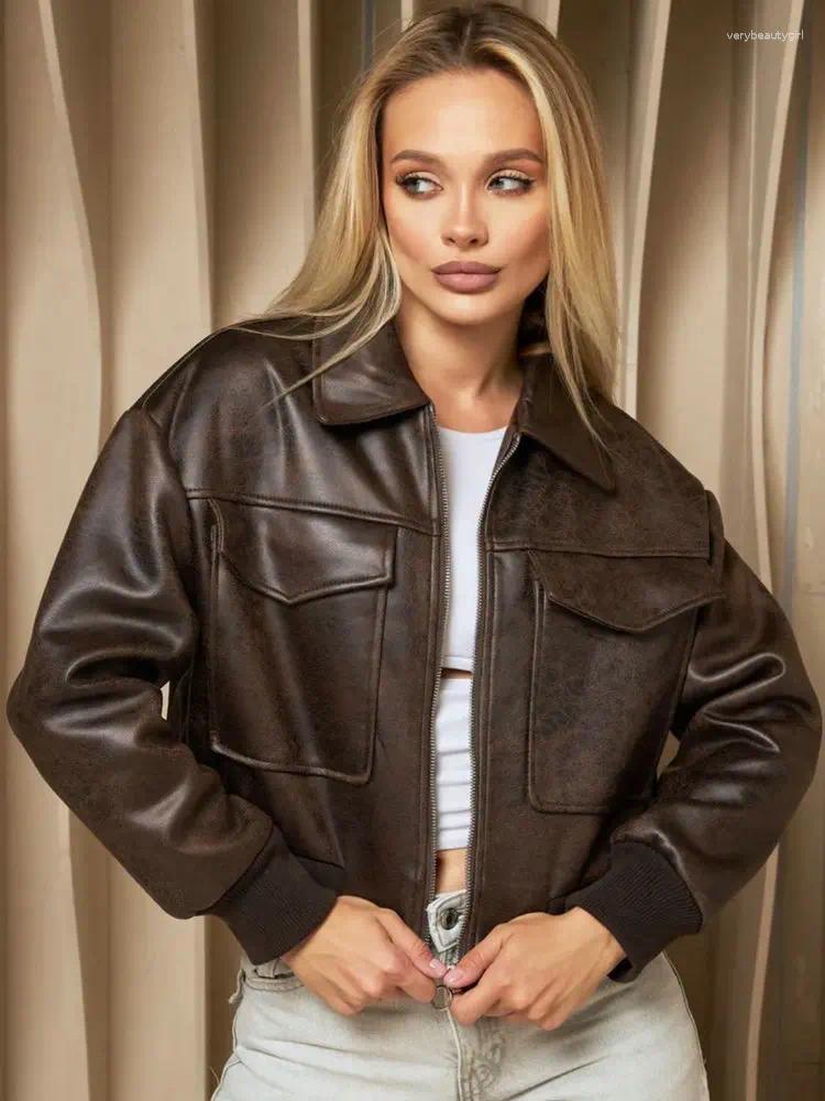 Women's Leather Women Retro Vintage Coffee Faux PU Baseball Jackets Female Moto Biker Pockets Mate Suede Loose Fit Streetwear Coats Tops