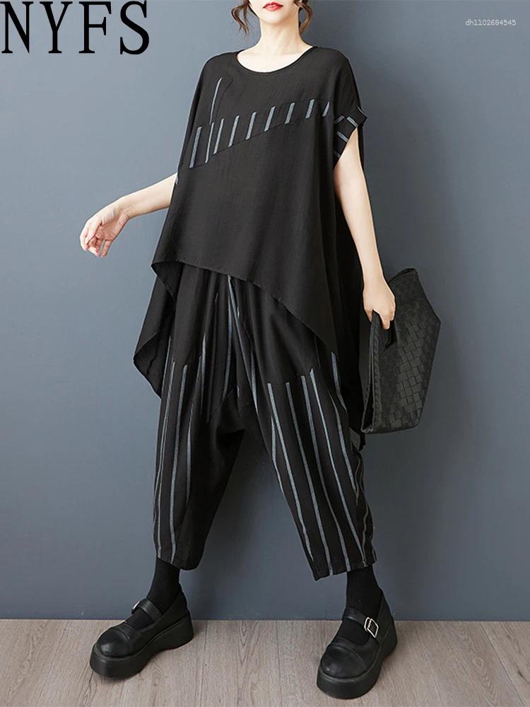 Women's Two Piece Pants NYFS 2025 Summer Fashion Woman Set Striped Patchwork Irregular Tops Harem 2-Piece Suit Casual