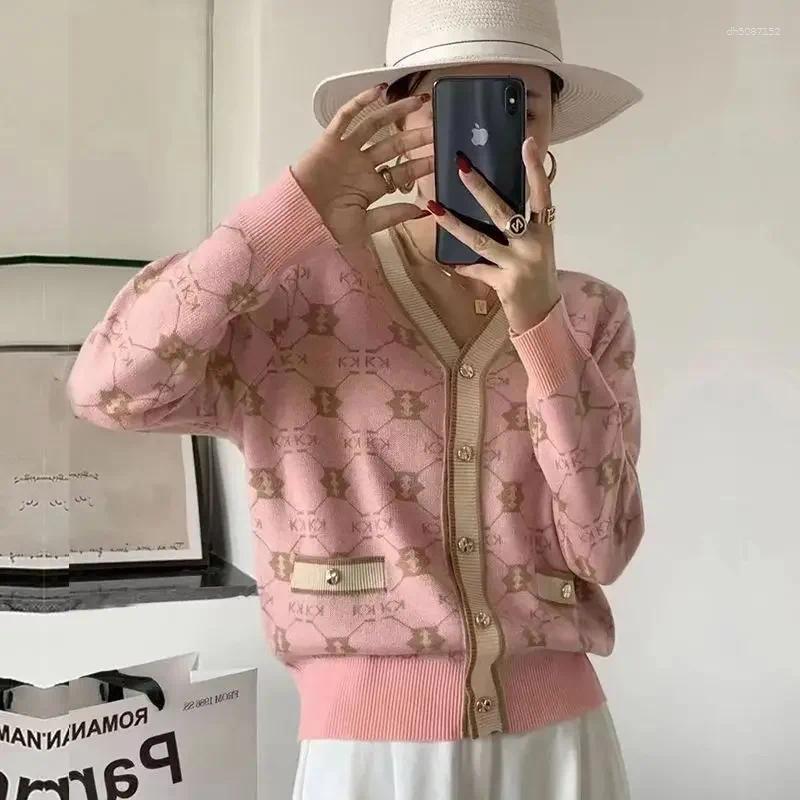 Women's Wool Chic Pink Knitted Cardigan Vintage Print Knit Sweaters Luxury Office Lady Coat Single-breasted Long Sleeve Tops V-neck