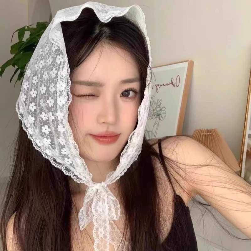 Spring Summer Floral Hair Scarf Women French Pastoral Sweet Lace Mesh Triangle Scarf Elegant Headwrap Bohemian Hair Accessories 250815