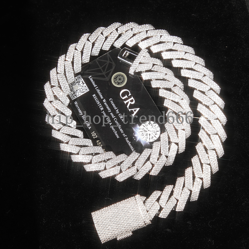 Hip Hop Jewelry Pass Diamond test 20mm 2rows 3rows 4rows Cuban Link Chains 925 Silver GRA Moissanite Chains Bracelet Necklace