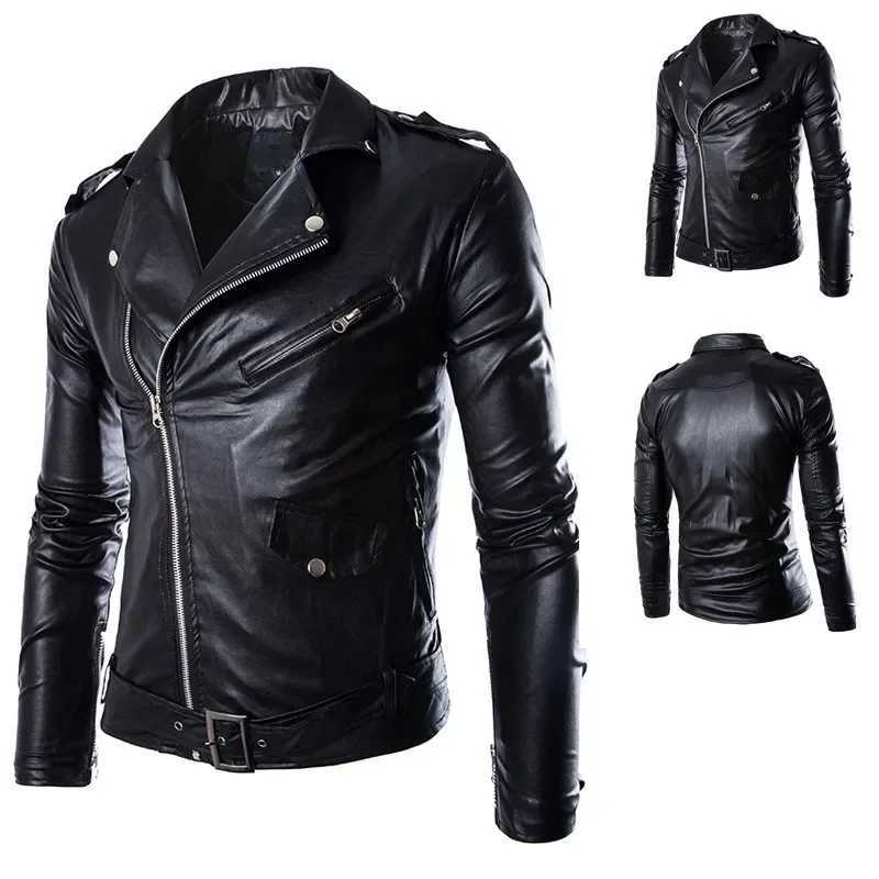 Fashion PU Leather Jacket for Men with Buckle Zip Lapel Collar British Black White Punk Rock Outerwear Coats 2023 W250815