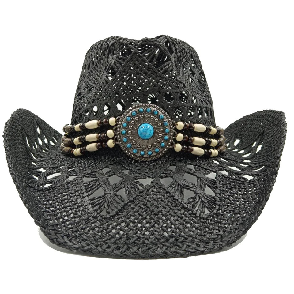 Ethnic Cowboy hat Black retro straw hat mens and womens jazz Cowboy hat straw hat sun hat summer hat sombrero 250807