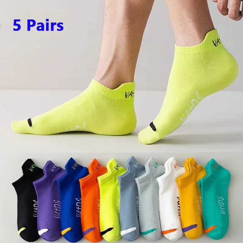 5 paires hommes de couleur vive chaussettes de cheville respirabilité à la mode de rue décontractée désodorisant les chaussettes de course de voy