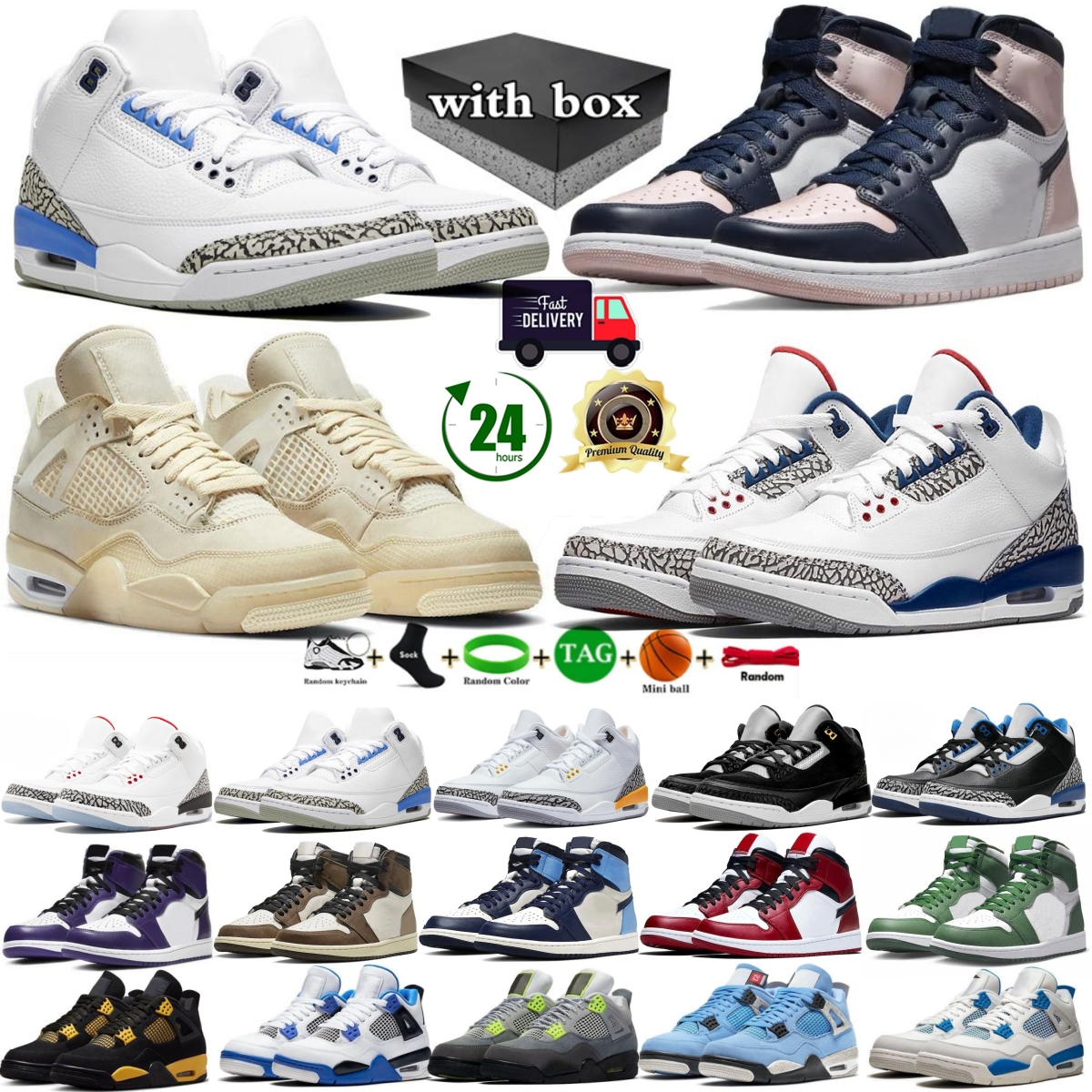 With Box Shoes 4s 1 3s Basketball Shoes trainers Luxury Black Metallic Reimagined Sail 4 Military Black Cats Fear White Thunder Bred Men Women Sneak