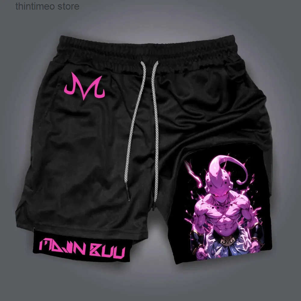 Dragon Ball hommes Double couche 2-en-1 short Majin Buu japonais Anime été Harajuku Y2K faux deux pièces short de sport Z260204