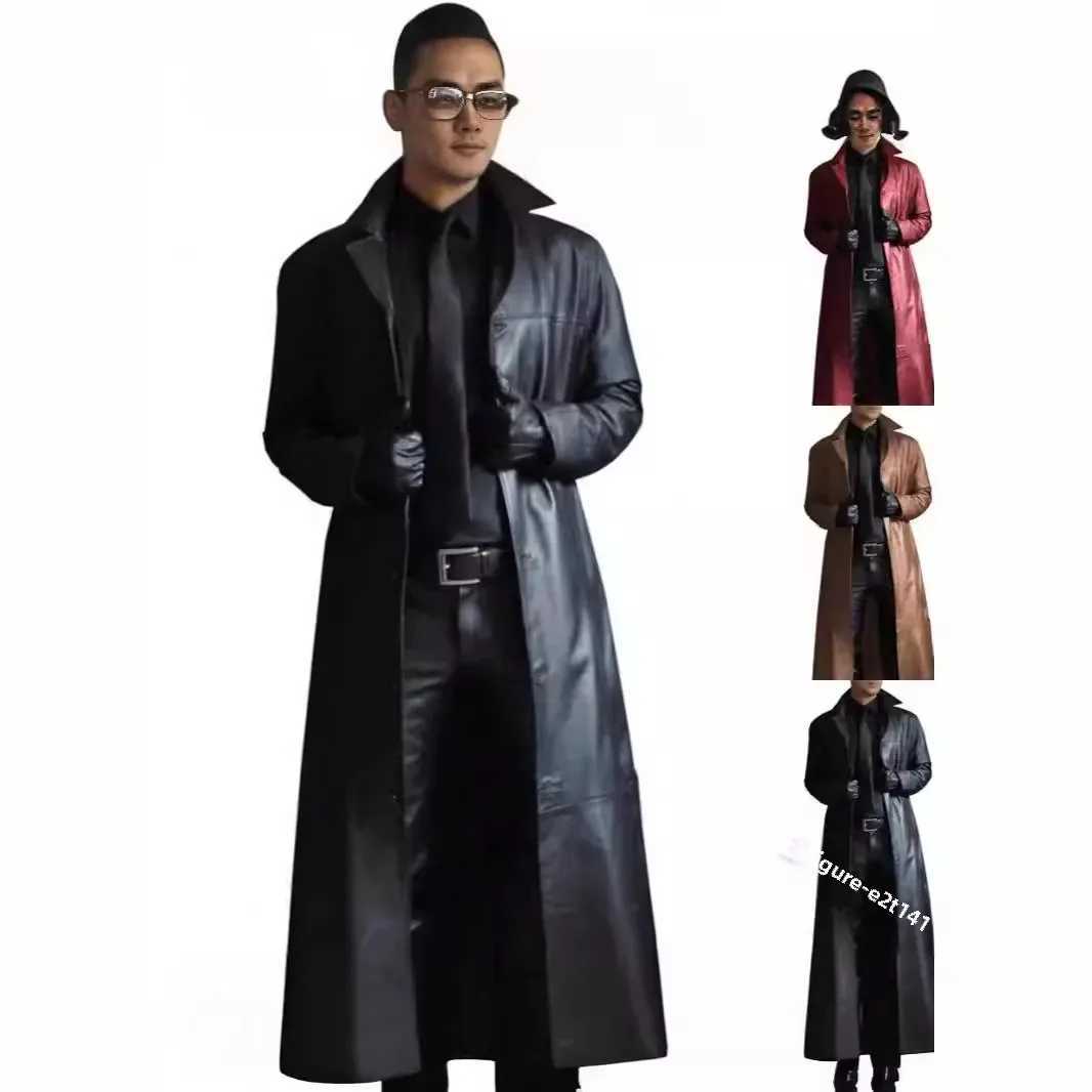 Fashionable Extended Length PU Leather Jacket for Men Solid Color Slim Fit Outerwear New 2024 Cross-Border Style Male Garments W250815