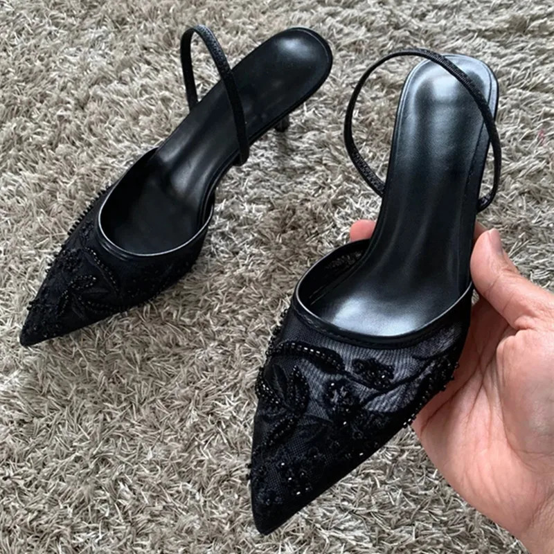 Black Mesh Embroidery Women Pumps Sexy Pointed Toe String Bead High Heels Summer Elegant Party Shoes Heeled Sandals 250814