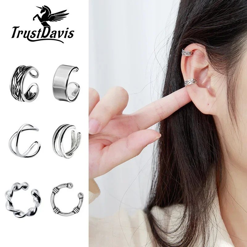 Trusta 2pcs 100% 925 Clip en argent sterling sur les boucles d'oreilles manchette pour femmes fille sans pierre bijoux de boucle d'oreille DS5342