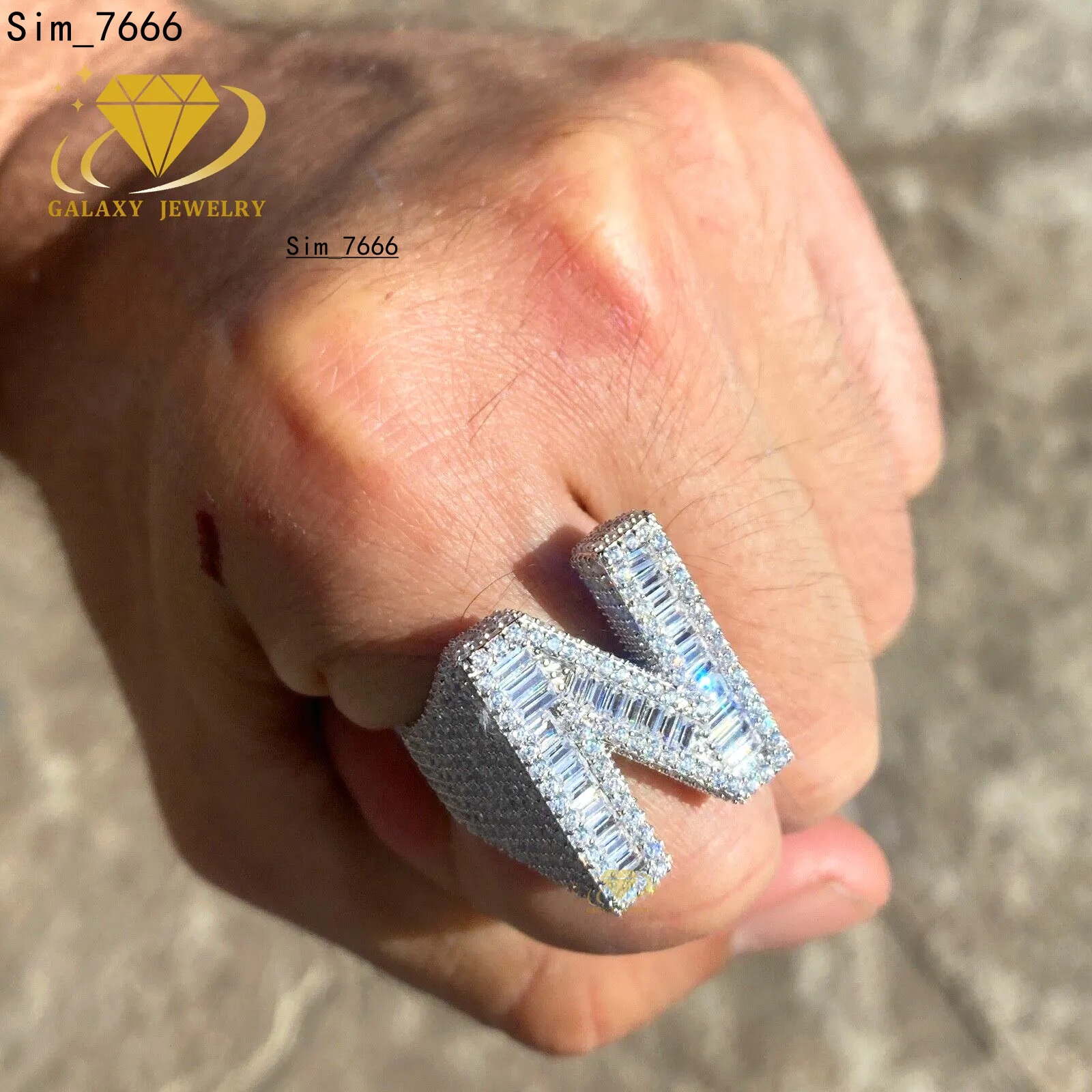 Initial Rings Letter Rings Mossanite Men Hip Hop Moissanite 925 Sterling Silver Baguette Iced Out A-Z Custom 26 Letters Ring