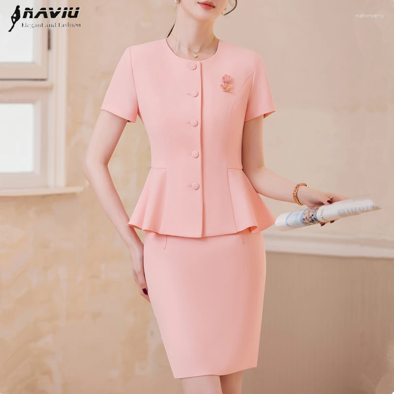 Two Piece Dress NAVIU 2025 Women Professional Short Sleeve Blazer And Skirt Set Elegant Office Work Wear For Sales Interviews Lady Business