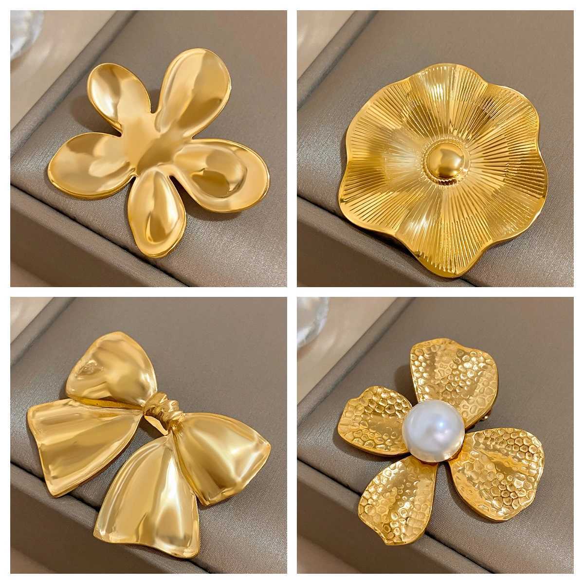Vintage Gold Color Womens Brooch Stainless Steel Geometric Metal Flower Bow Brooch Suit Decoration Brooch Pin Accessories XJ250815