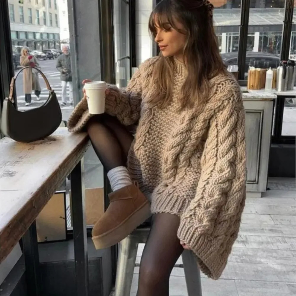 Womens Thick Line Big Twist Knitted Loose Sweater Pullover Fashion Casual Crochet Round Neck Sweaters Solid Color Knitwear 250815