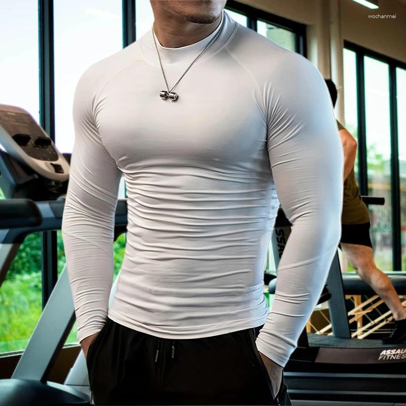 Men's T Shirts High-Neck Long Sleeve Athletic T-Shirts Quick Dry Stretchy Breathable Muscle Training Top Tees For Gym Running Fitness