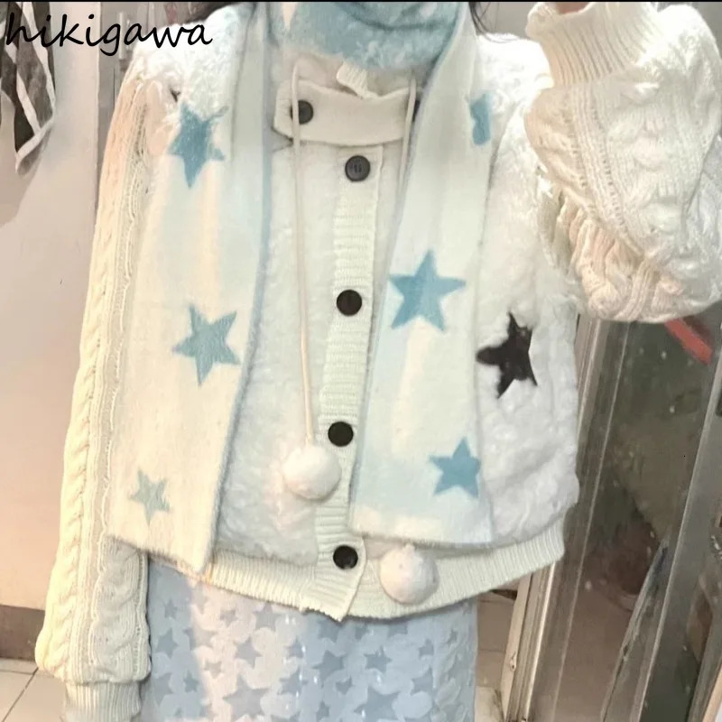 Knitted Scarves Women Girls Stars Blue White Wrap Cute Sweet Y2k Cute Scarf Neck Warmer Womens Winter Autumn Petite Scarf 250813