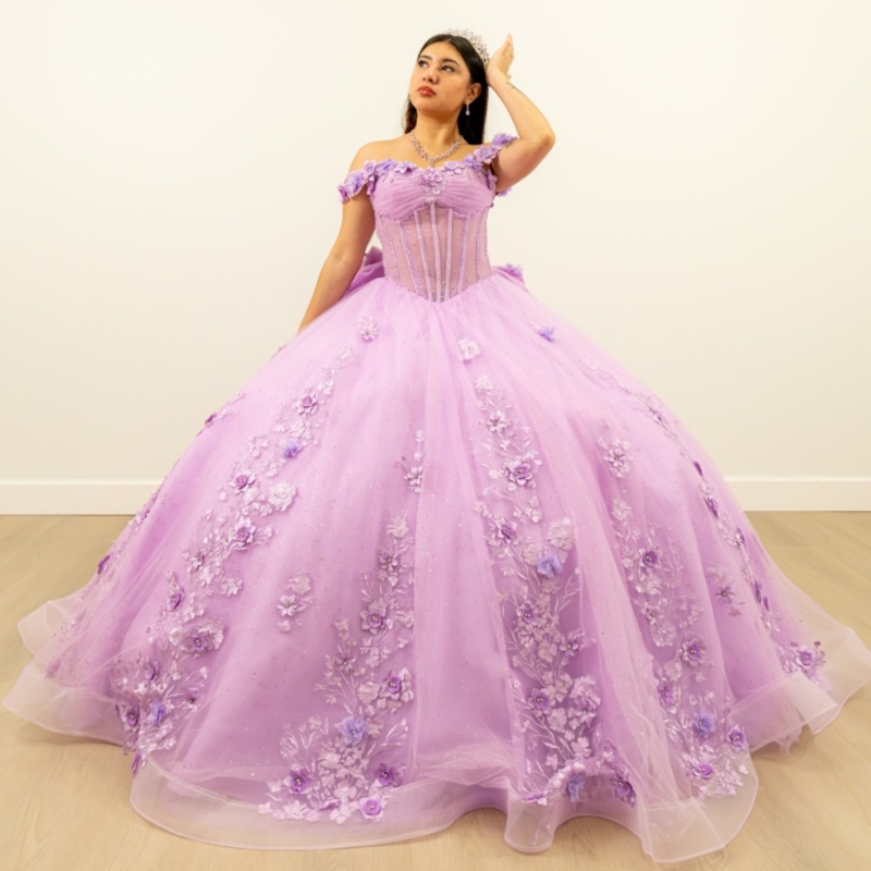 Light Lilac Quinceanera Robes de l'épaule Applique Perles de fleur Tull Tull Birdday Ball Verstidos de 15 Anos Sweet 16 Robe