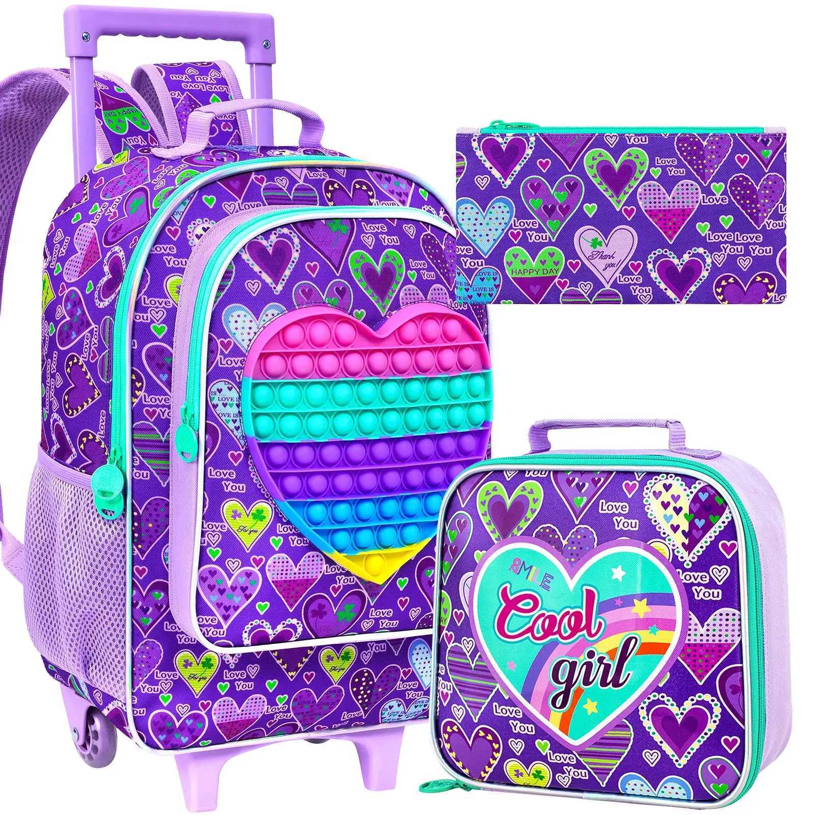 3PCS Rolling Backpack for Boys and Girls Kids Roller Wheels Bookbag Wheeled School Bag with Lunch Bag Pink X250815