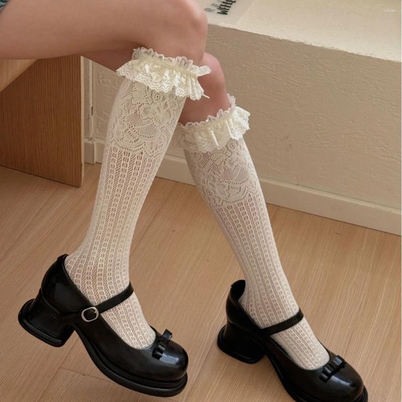 Women Socks Lolita Lace Cotton Calf Multi Layer Bow Stockings JK Vintage Gothic Long High Japanese Accessories
