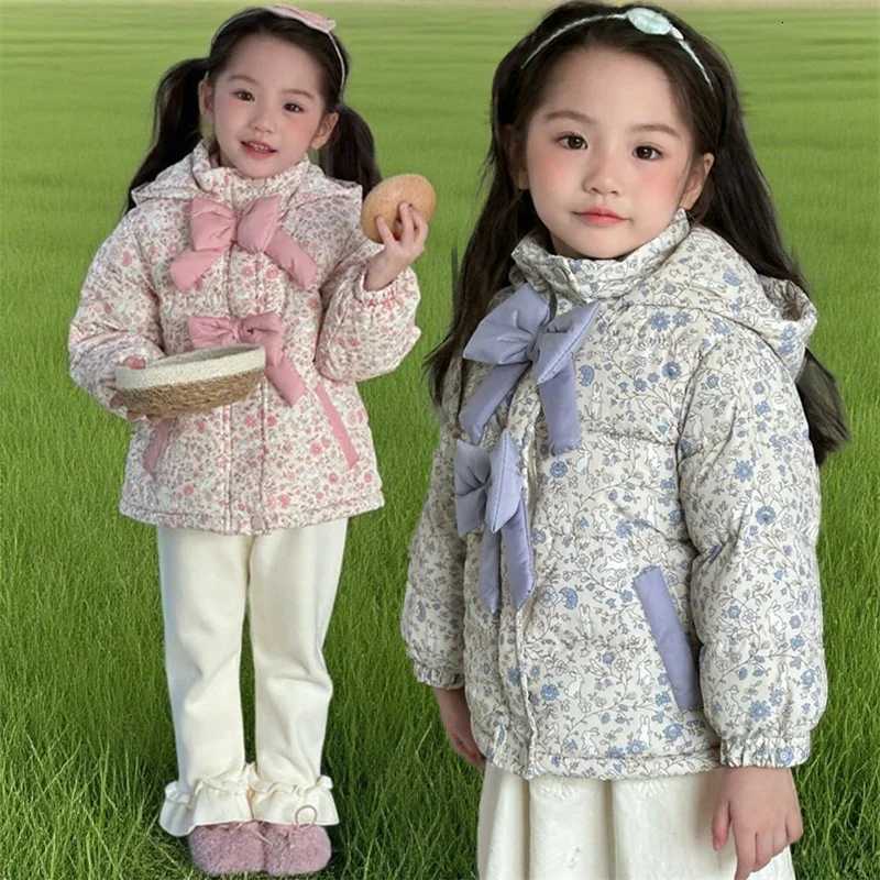 Girls Bow Down Coats Children Winter Floral Printed Jackets Princess Hooded Windproof Clothes Baby Kids Fashion Warm Outerwear XJ250808