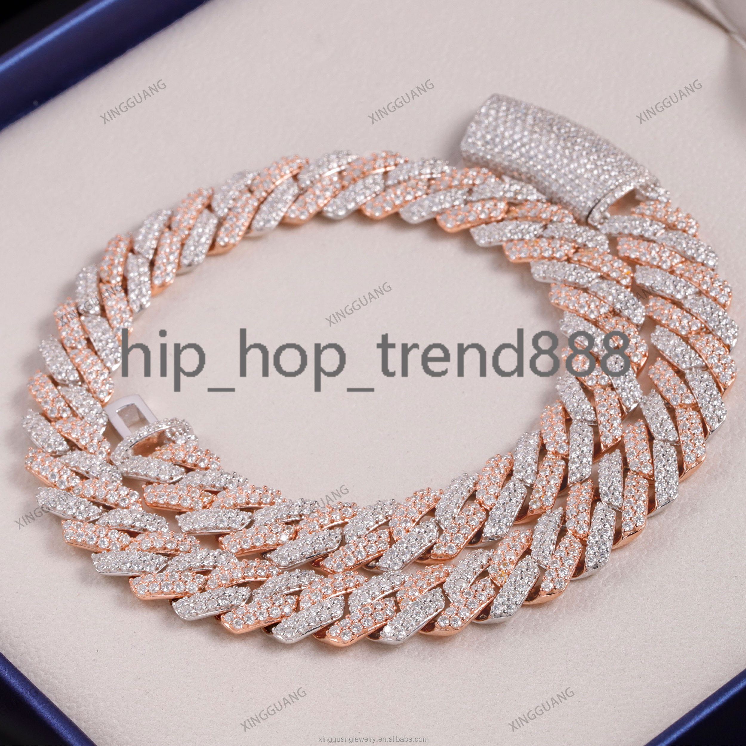 Iced Out Two Tone VVS Moissanite Necklace 925 Sterling Silver Rose Gold Plated 2rows 14mm Cuban Link Moissanite Chain