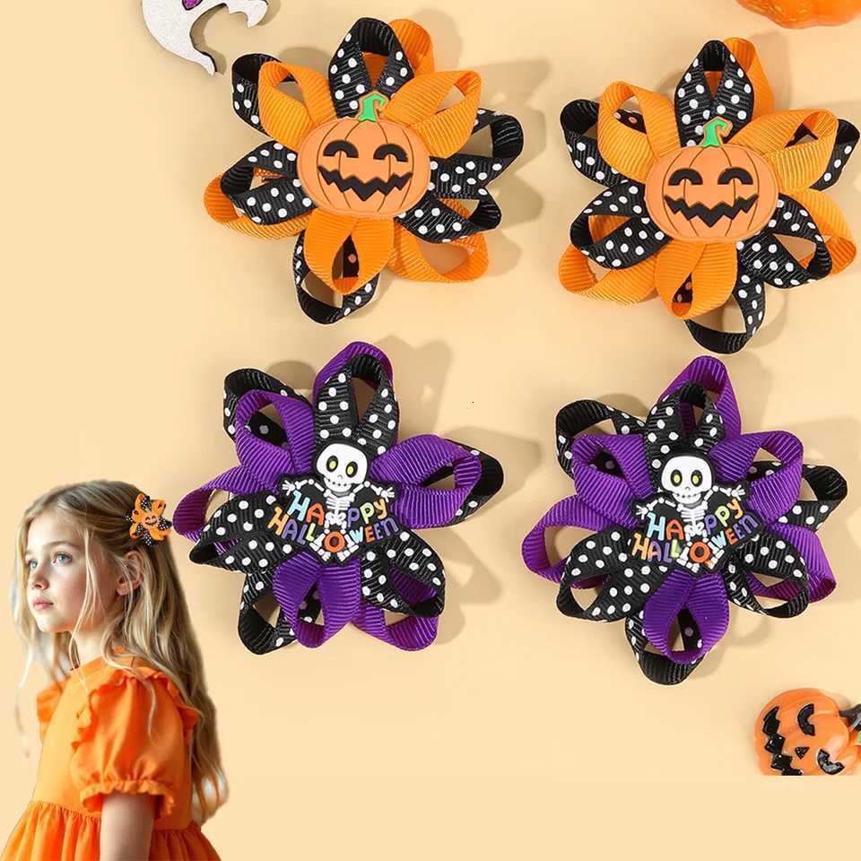 2 / 4pcs Halloween Floral Hair Clips Set Dot Ruban Gothic Hairpin Glitter Pumpkin Skull Barrette For Girls Kids Hair Accessoires Z250815