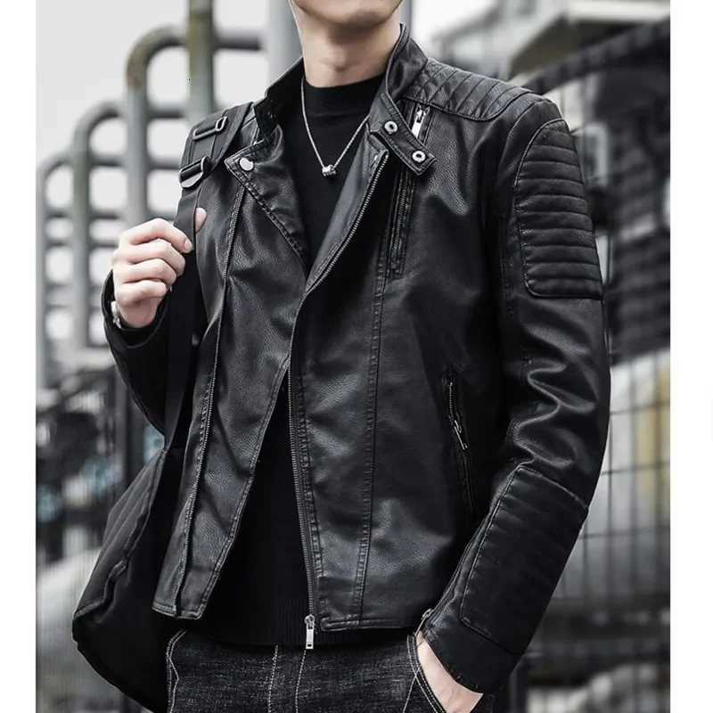 Solid Color Brand Clothing Men Slim Fit Jacket Fashion Motorcycle Winter Jackets Mens Windproof Black Leather Coat W250815