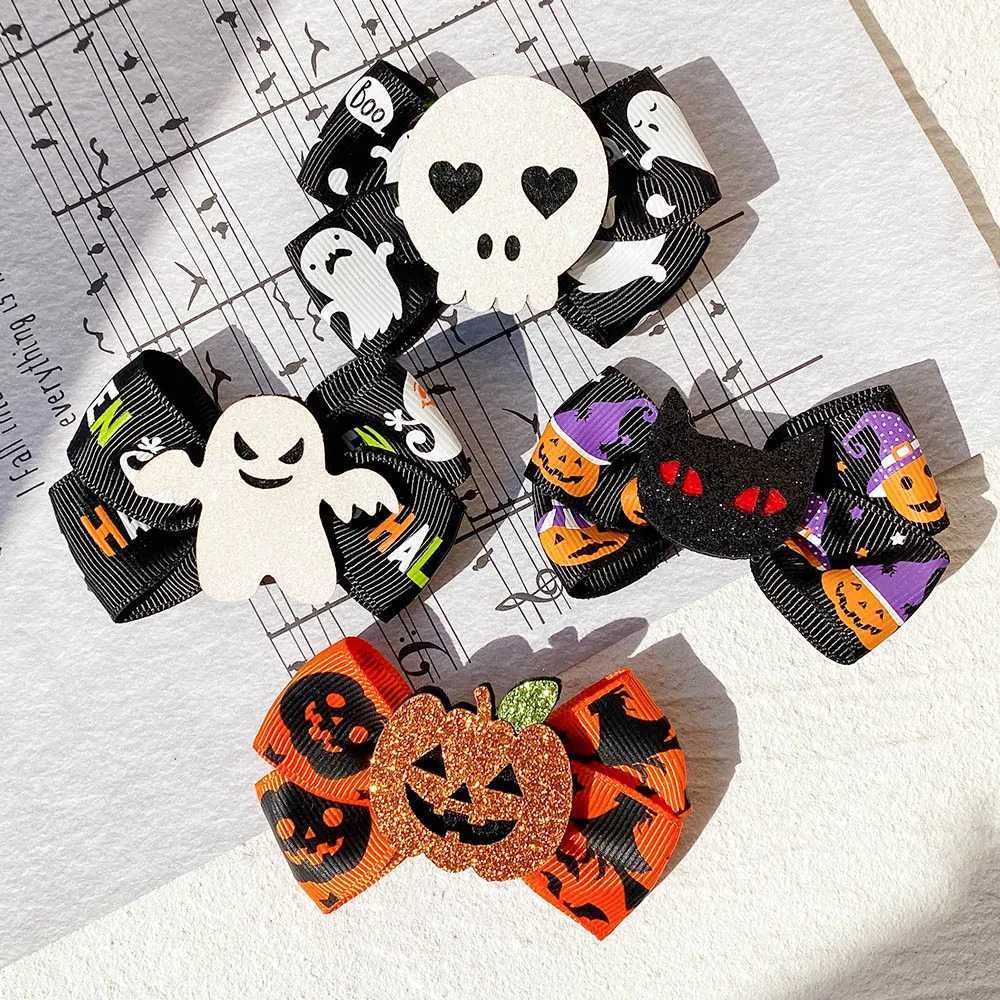 4pcs / set Accessoires de cheveux Halloween 4pcs Ghost Pumpkin Bat Ribbon Bows Clips For Kids Girls New Wear Z250815