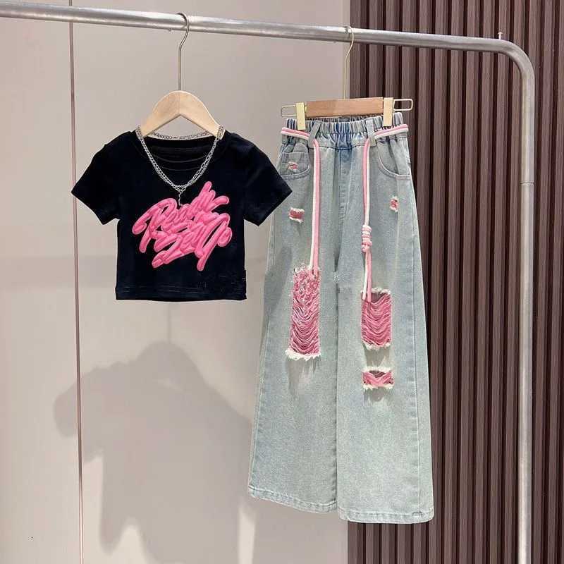 Girls Summer New Short-Sleeved T-Shirt Jeans Big Boy Colorful Denim Ripped Pants Suit Childrens Top Foreign Wide-Legged Pants XJ250815